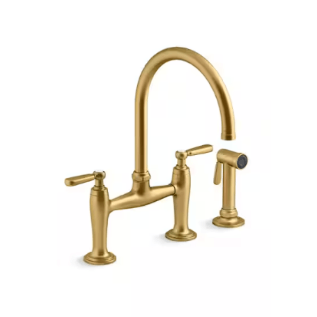 KOHLER 28356-2MB Edalyn By Studio McGee Double-Handle 2-Hole Bridge Kitchen Faucet With Side Sprayer in Vibrant Brushed Moderne Brass