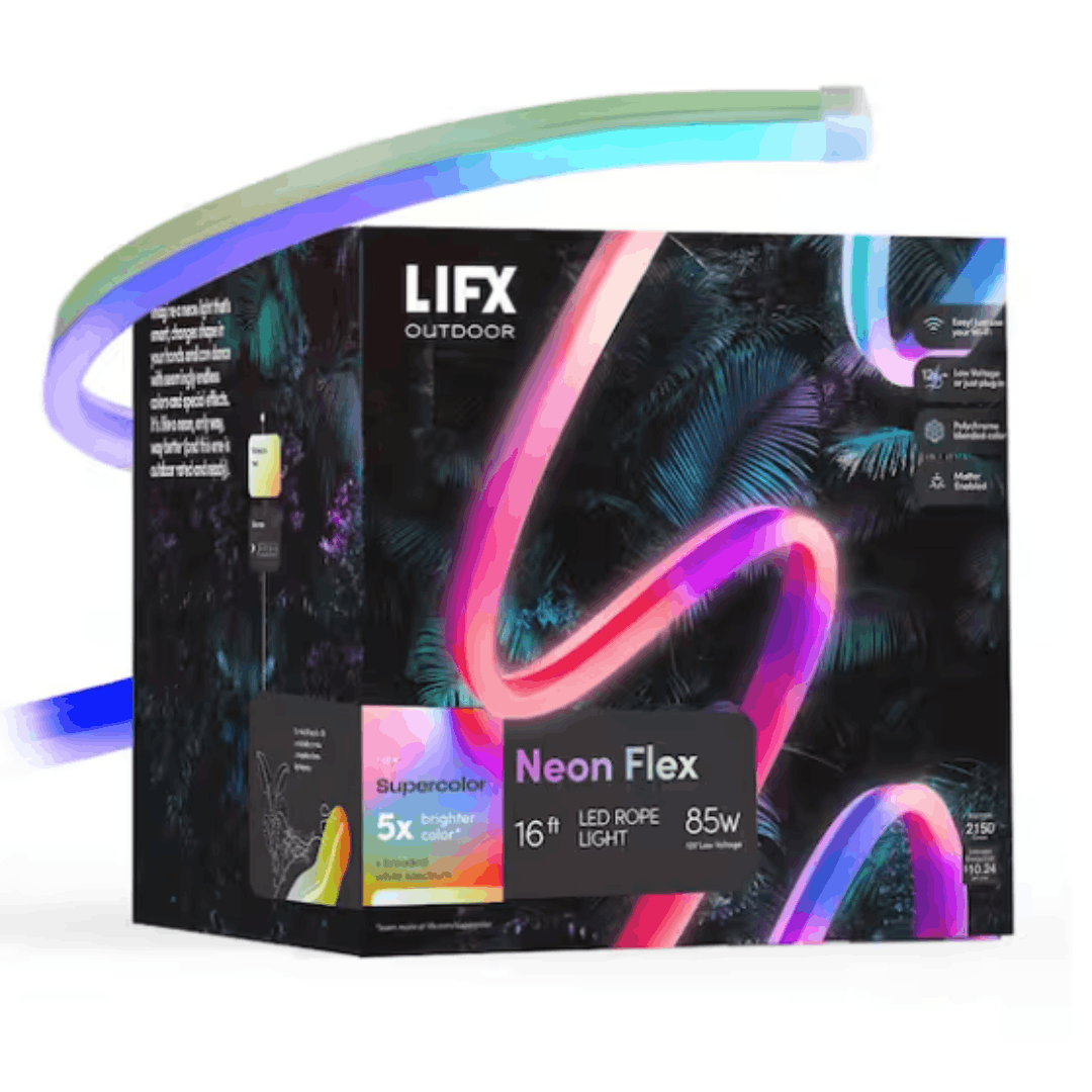 LIFX LFXNEON16/WP 16 ft. Smart Wi-Fi RGBW 120V Plug-in/12V Neon Flex Integrated LED Outdoor Rope Light Works Alexa/Hey Google/HomeKit/Siri