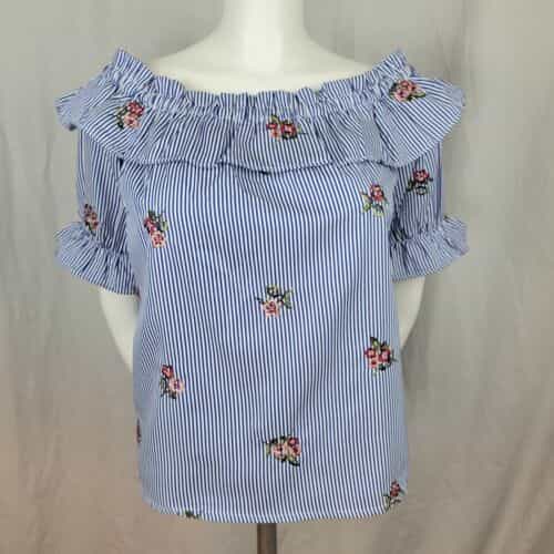 Active USA Blue & White Striped On/Off Shoulder Embroidered Top