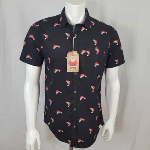 Free Planet Black Button Down Santa Hat Believe Short Sleeve Collar Shirt Size L