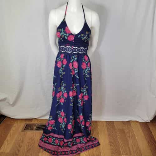 Pink Lily Navy Floral Print Crochet Insert Maxi Dress Size S