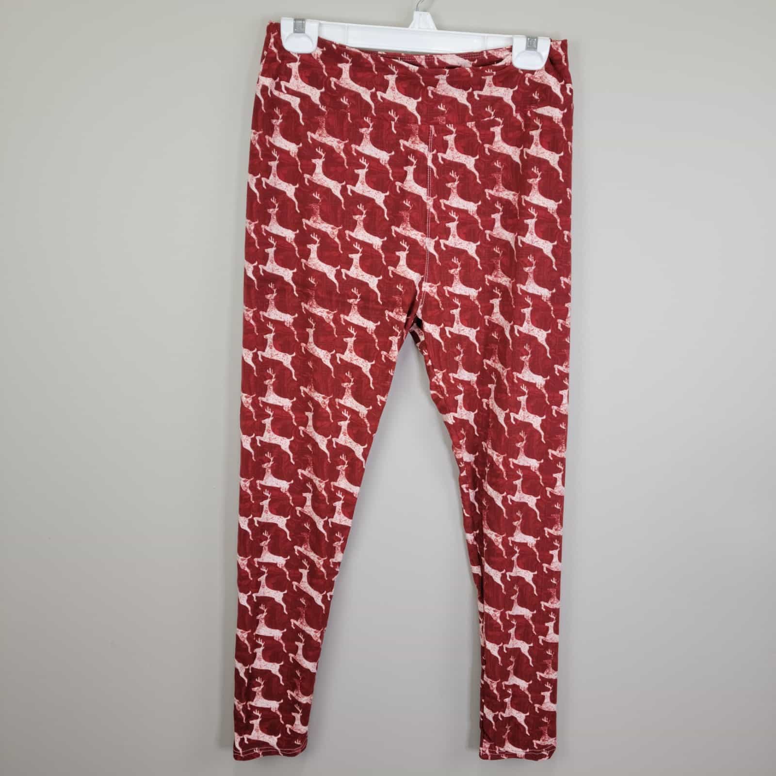 SH Burgundy Chalk Reindeer Polyester Spandex Ankle Leggings One Size Fits All