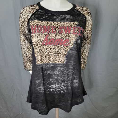Southern Grace Arkansas Home Sweet Home Black  & Leopard Burnout Baseball Tee