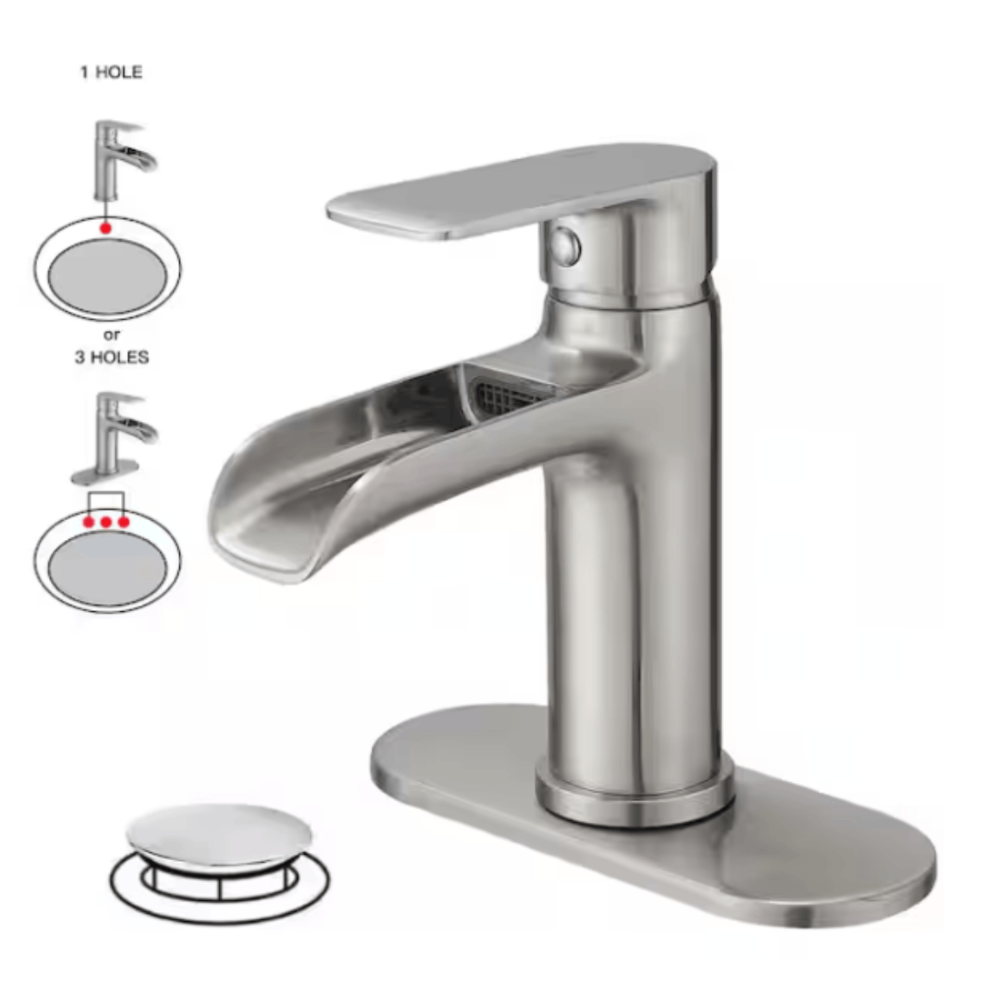 BWE A-96071-N Waterfall Single Handle Single Hole Low-Arc Modern Bathroom Faucet Drip-Free Vanity Sink Faucet in Brushed Nickel