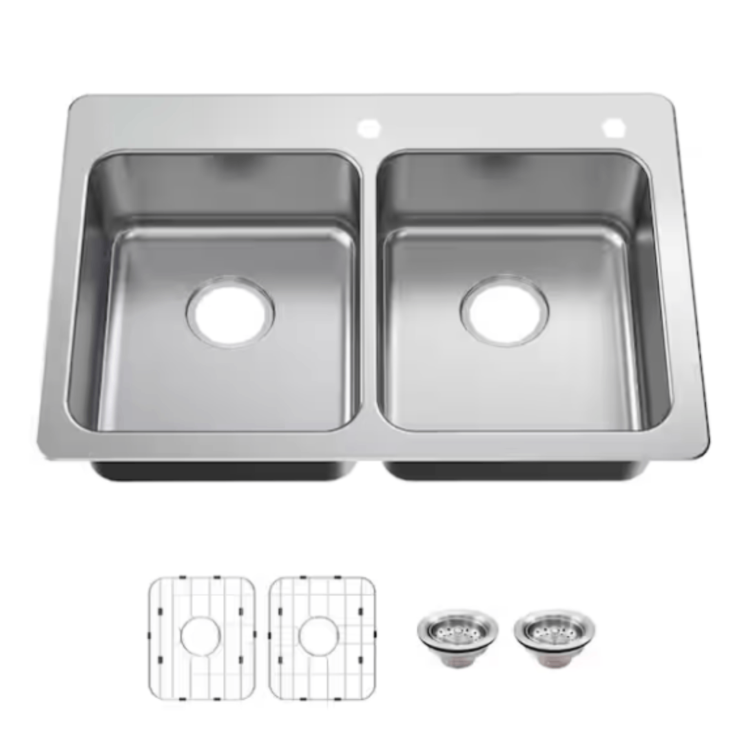 Glacier Bay VT3322TA0ACC Bratten 33 in. Drop-In 50/50 Double Bowl 18 Gauge Stainless Steel Kitchen Sink with Accessories