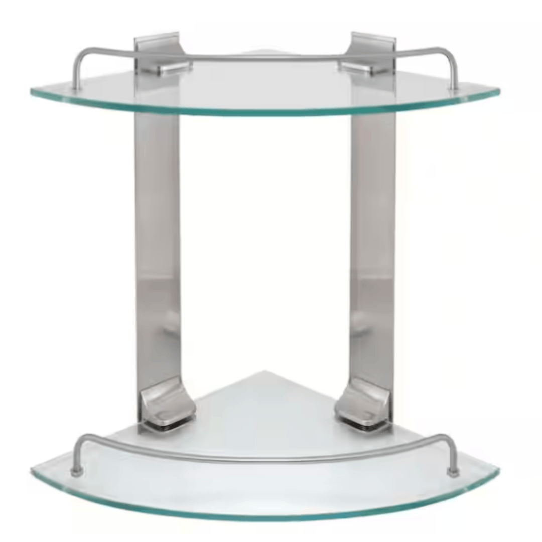 MODONA D-GCS-SN 9.5 in. W Double Glass Corner Shelf with Pre-Installed Rails in Satin Nickel