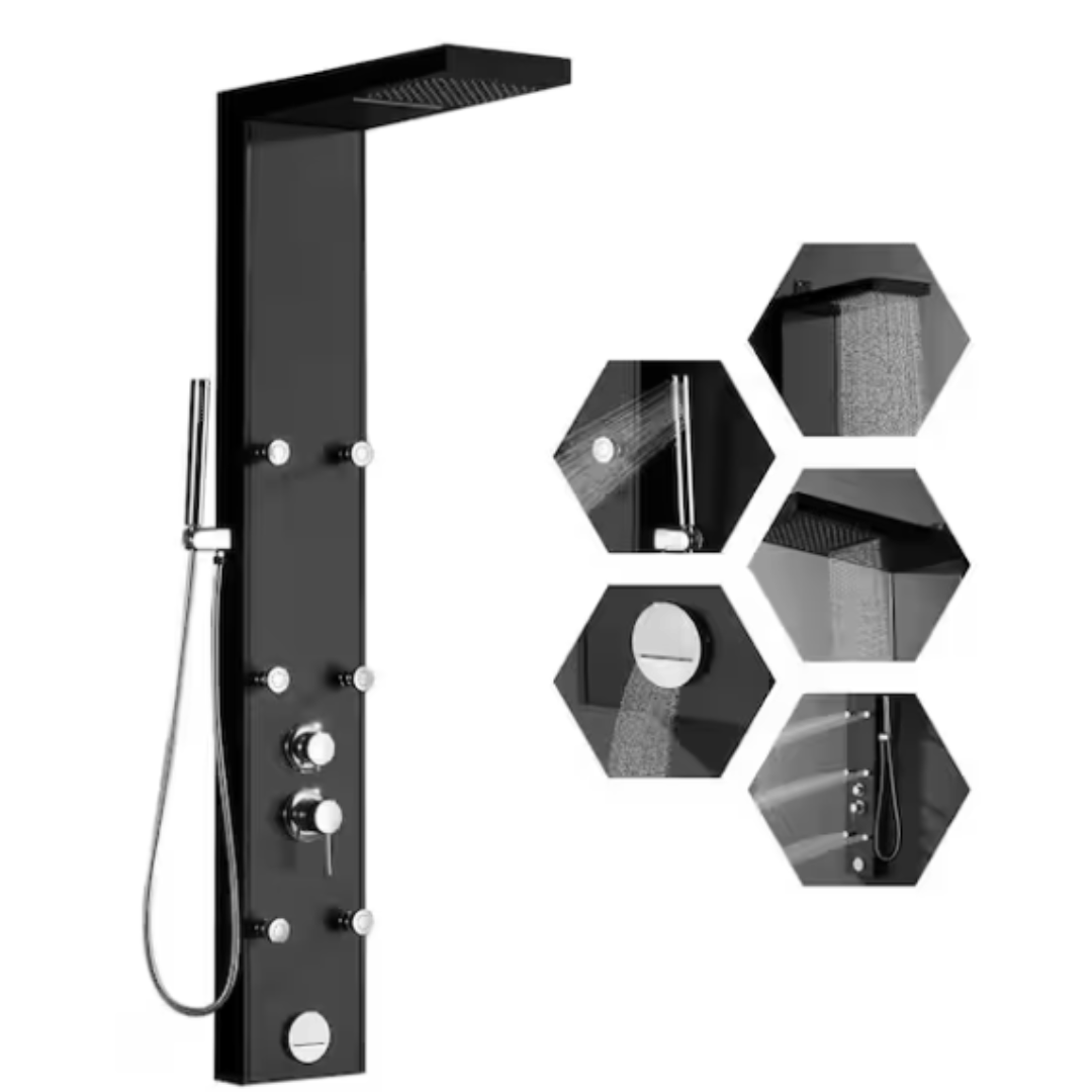 BWE YTP42-D 6-Jet Rainfall Shower Panel System with Spa Jets Rainfall Waterfall Shower Head and Shower Wand Marble Finish in Black