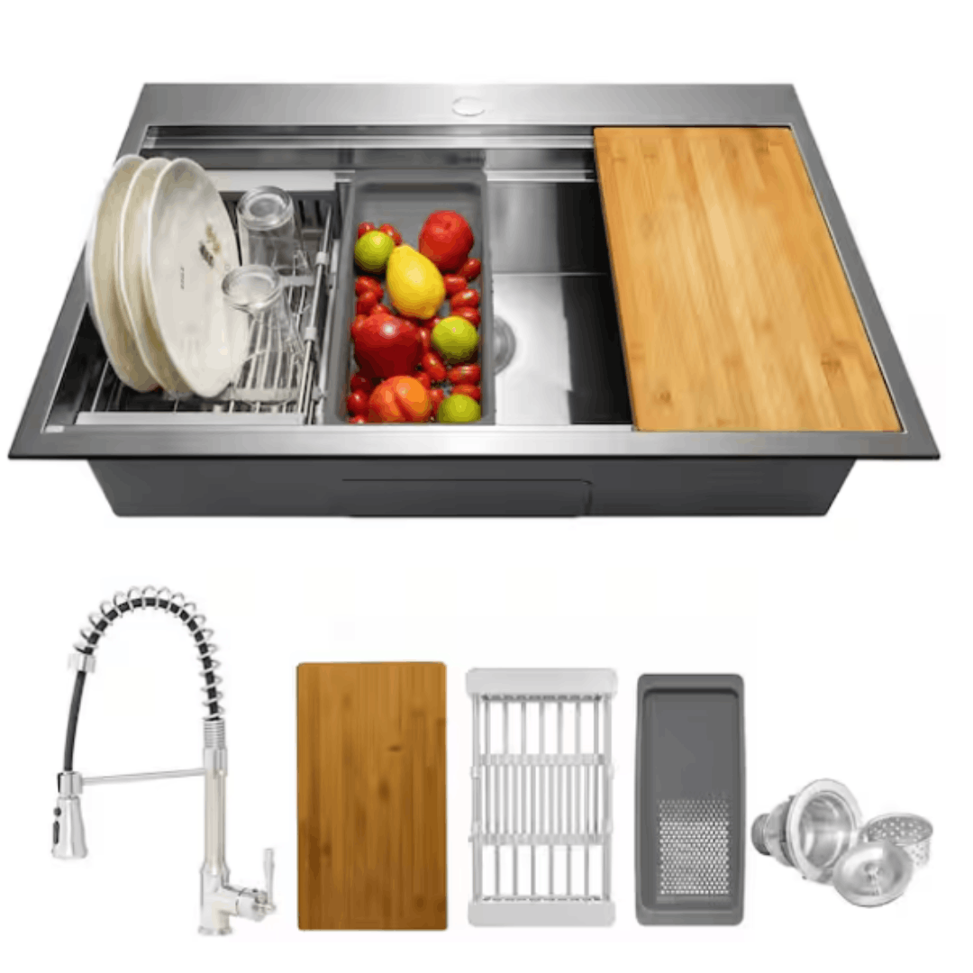 AKDY KS0364 Handmade All-in-One Drop-in Stainless Steel 30 in. x 22 in. Single Bowl Workstation Kitchen Sink with Spring Neck Faucet