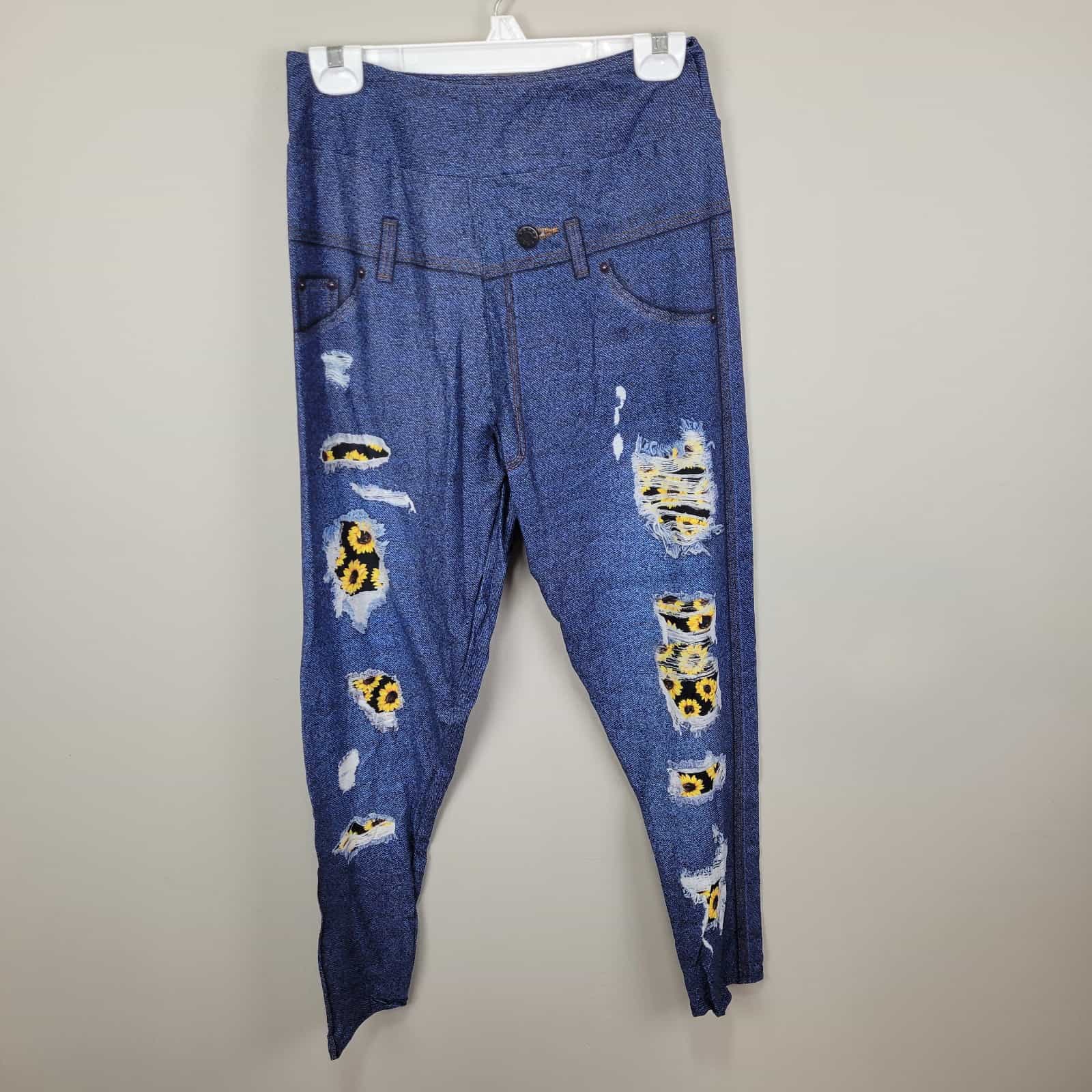 Dren Designs Faux Distressed Denim Sunflower Accents Leggings Tall And Curvy