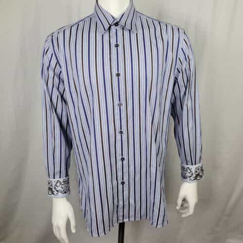 Zagiri Brown And Blue Cotton Button Down Shirt With Jacquard Flip Cuffs