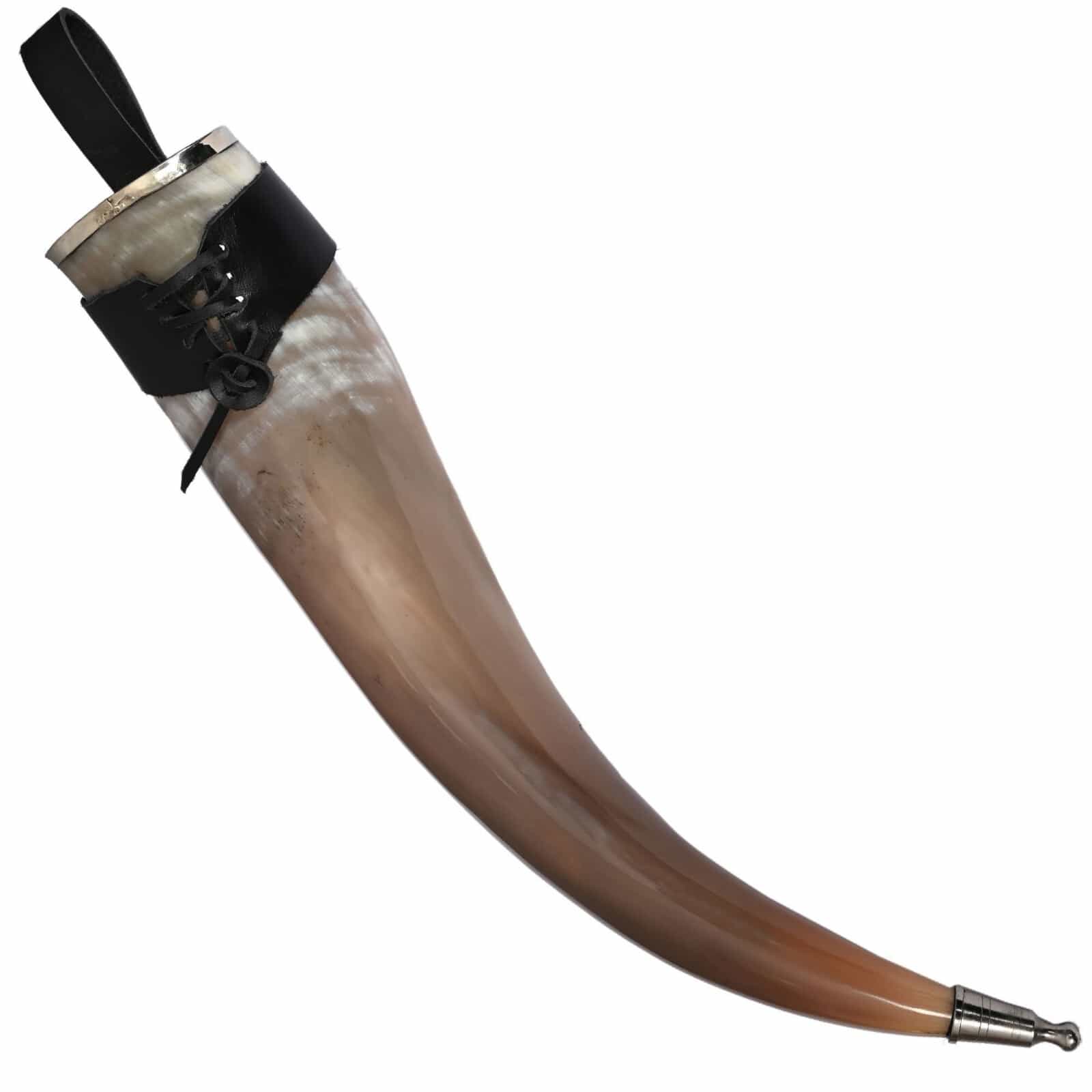 Silver Rim Viking Cow Horn Drinking Horn with Black Leather Holster - 24 oz