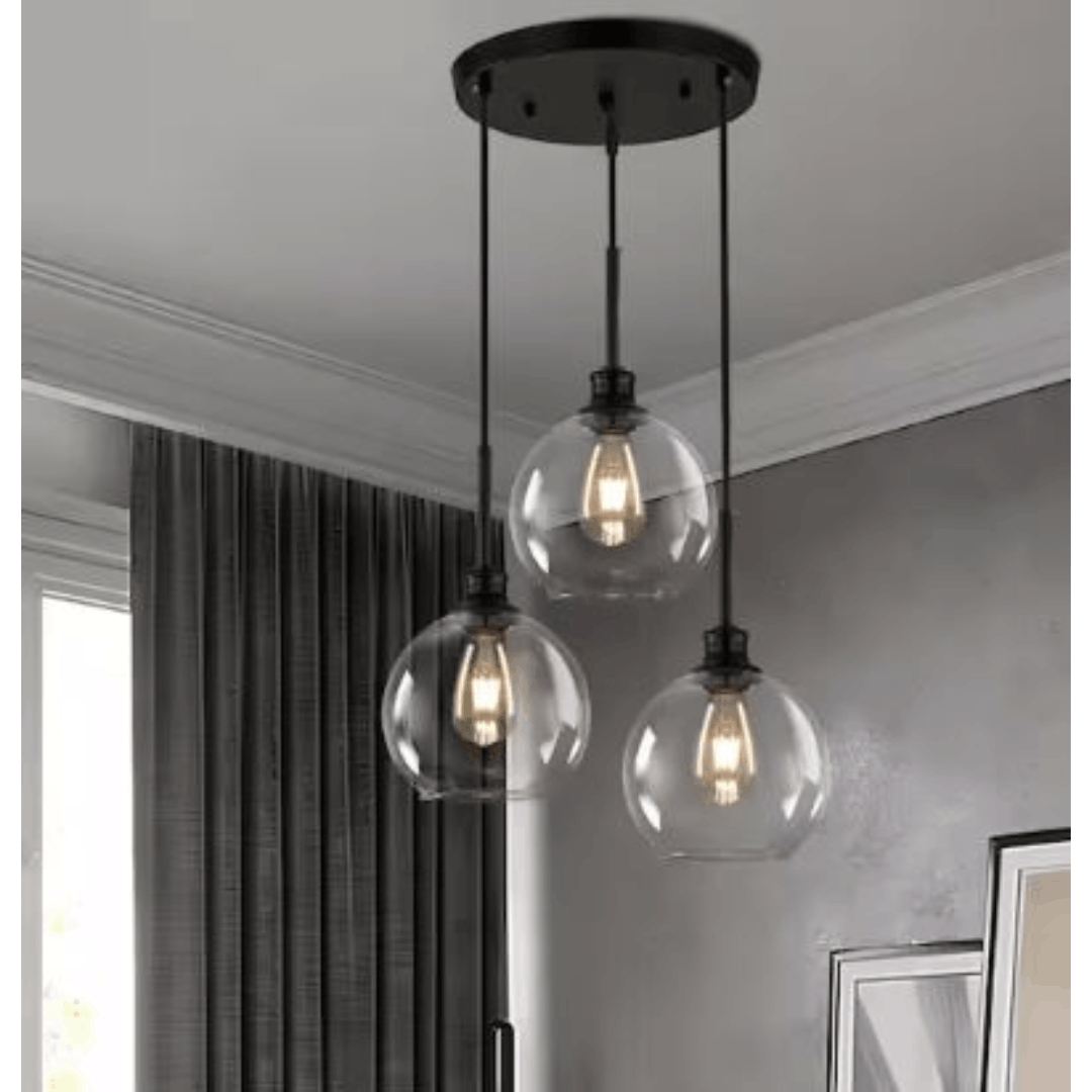 GoYeel PL40R03BK 3-Light Modern/Contemporary Black Globe Clear Glass Shade Hanging Pendant Light