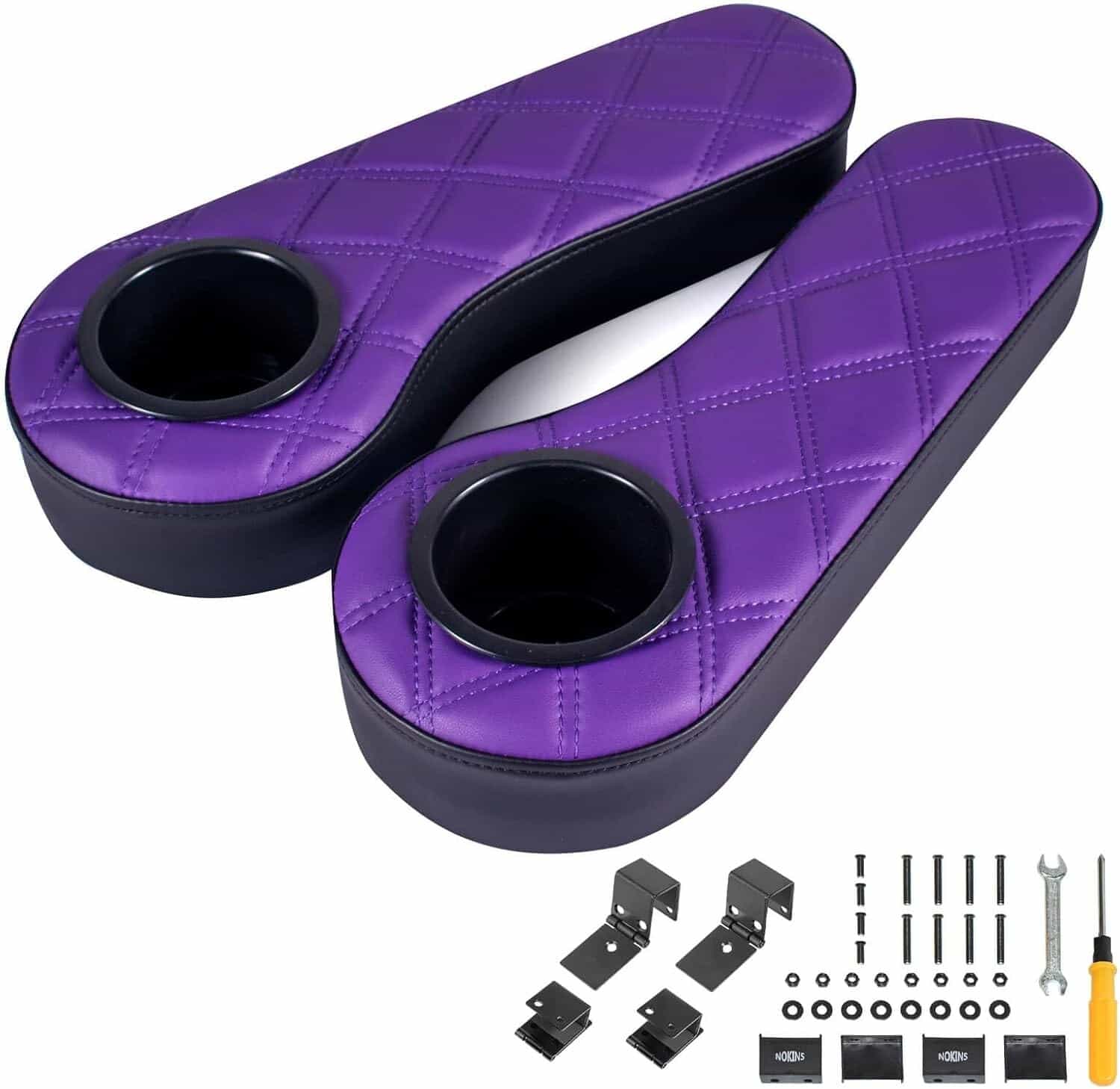 2 Pack Golf Cart Rear Seat Armrest with CupHolders Flip Black & Purple