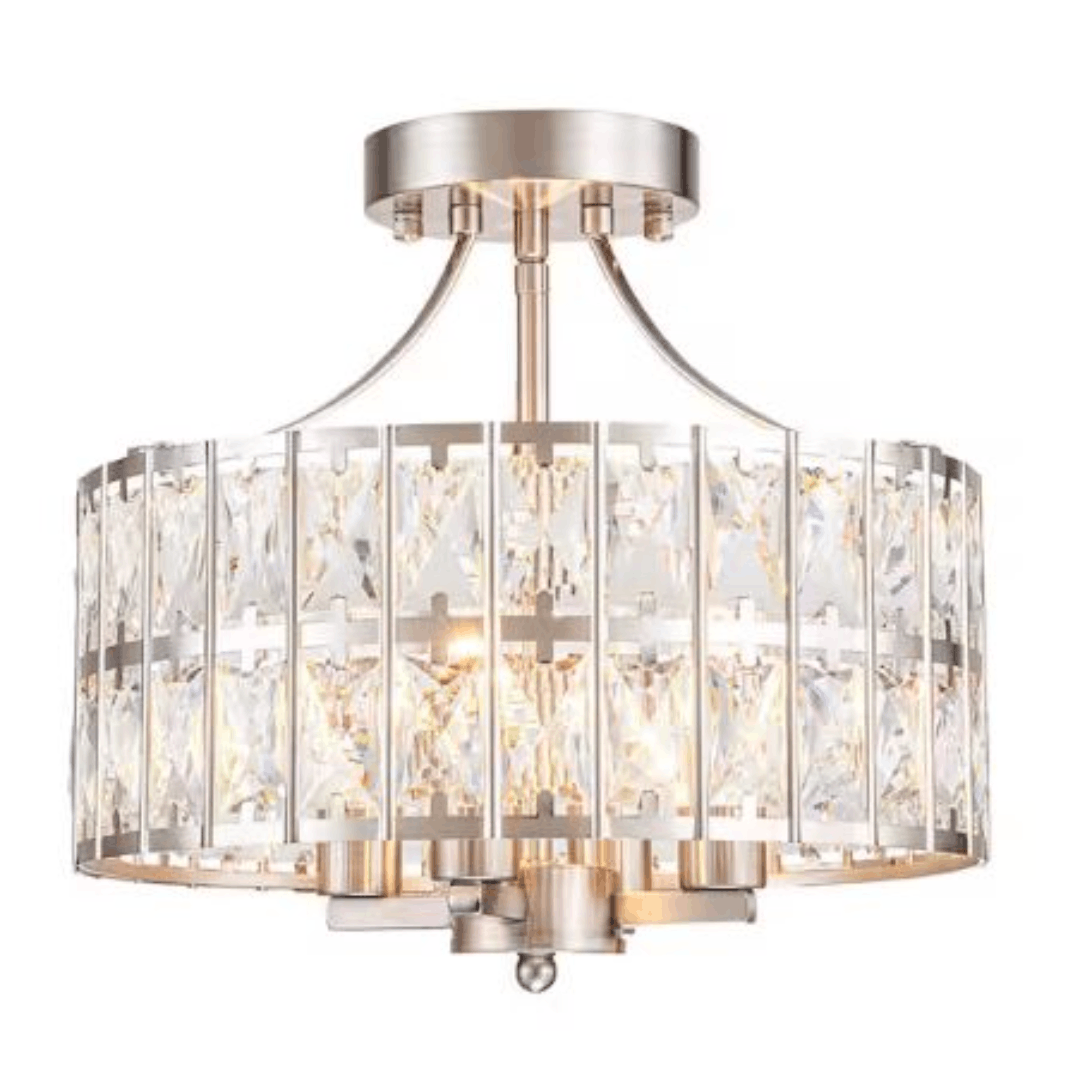 Sefinn Four E-YL1372-4N 12.6 in. 4-Light Round Nickel Drum Semi Flush Mount Ceiling Light with Clear Crystal Glass with No Bulbs Included