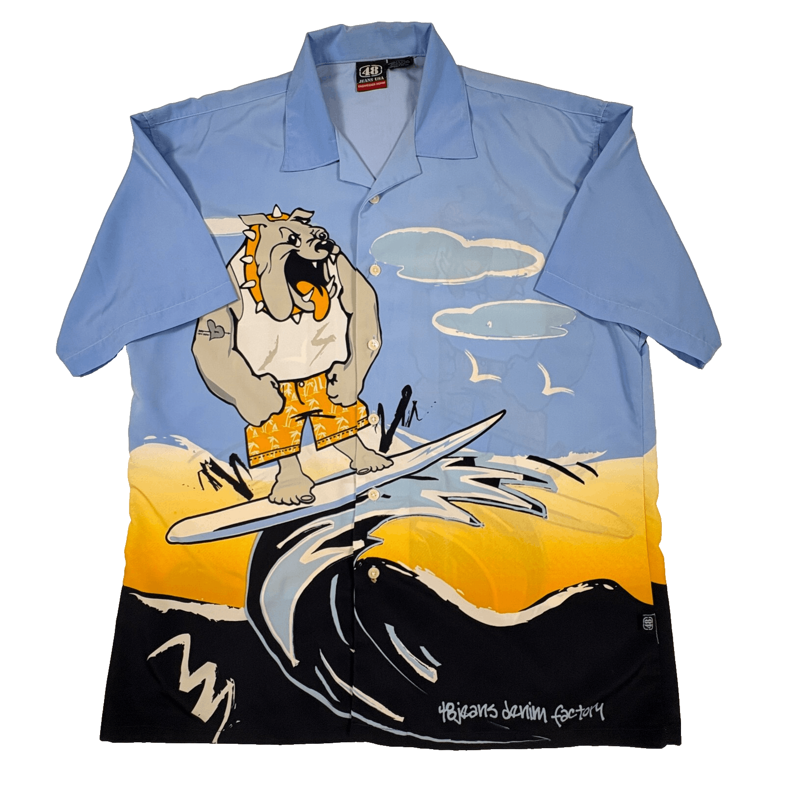48 Jeans USA Engineered Denim Surfing Bulldog Button Shirt Blue XL