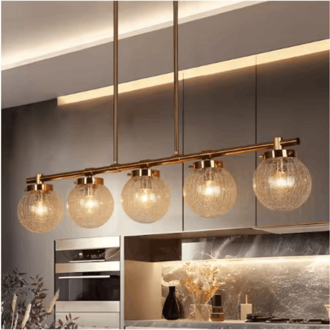 LNC LMYRAN335H588C Modern Brass 38 in. W 5-Light Island Chandelier Linear Candlestick Hanging Ceiling Light with Globe-Cracked Glass Shades