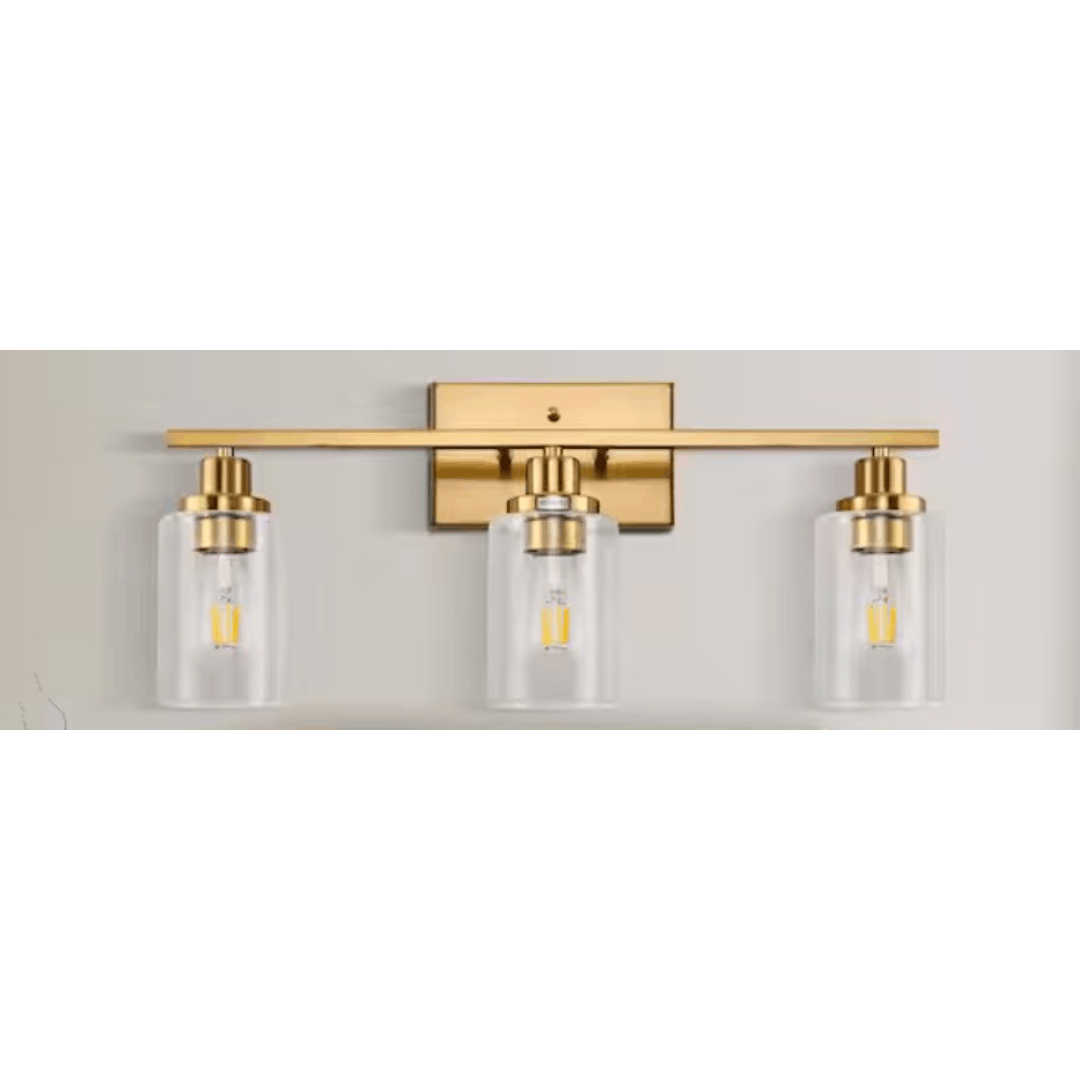 YANSUN HA-JQ01101CGD-1A 24 in. 3-Light Industrial Gold Vanity Light Fixtures for Bathroom with Clear Glass Shades