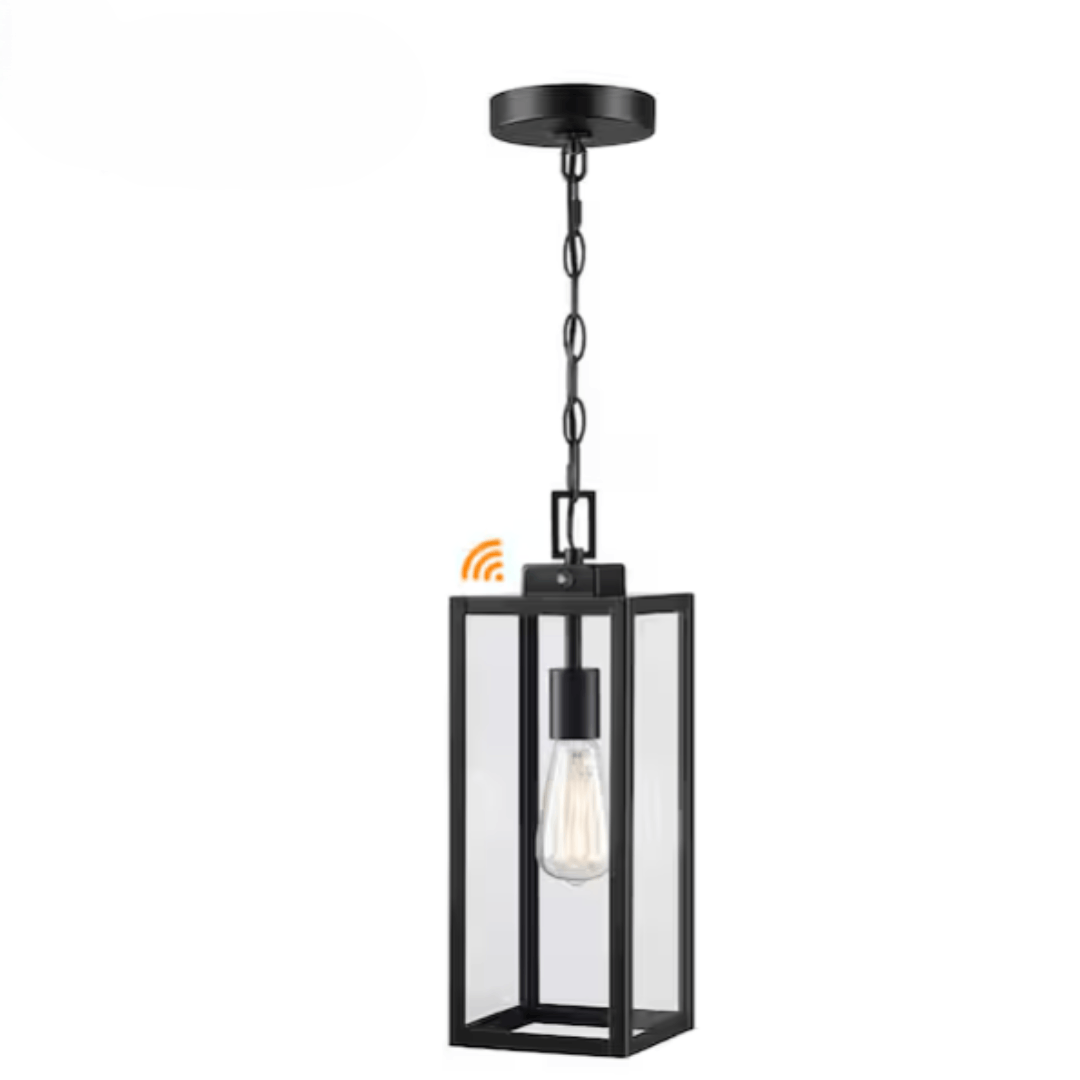 Hukoro F15171-BK-S Alfa 17 in. 1-Light Matte Black Outdoor Hanging Lantern Pendant Light with Clear Glass Dusk to Dawn