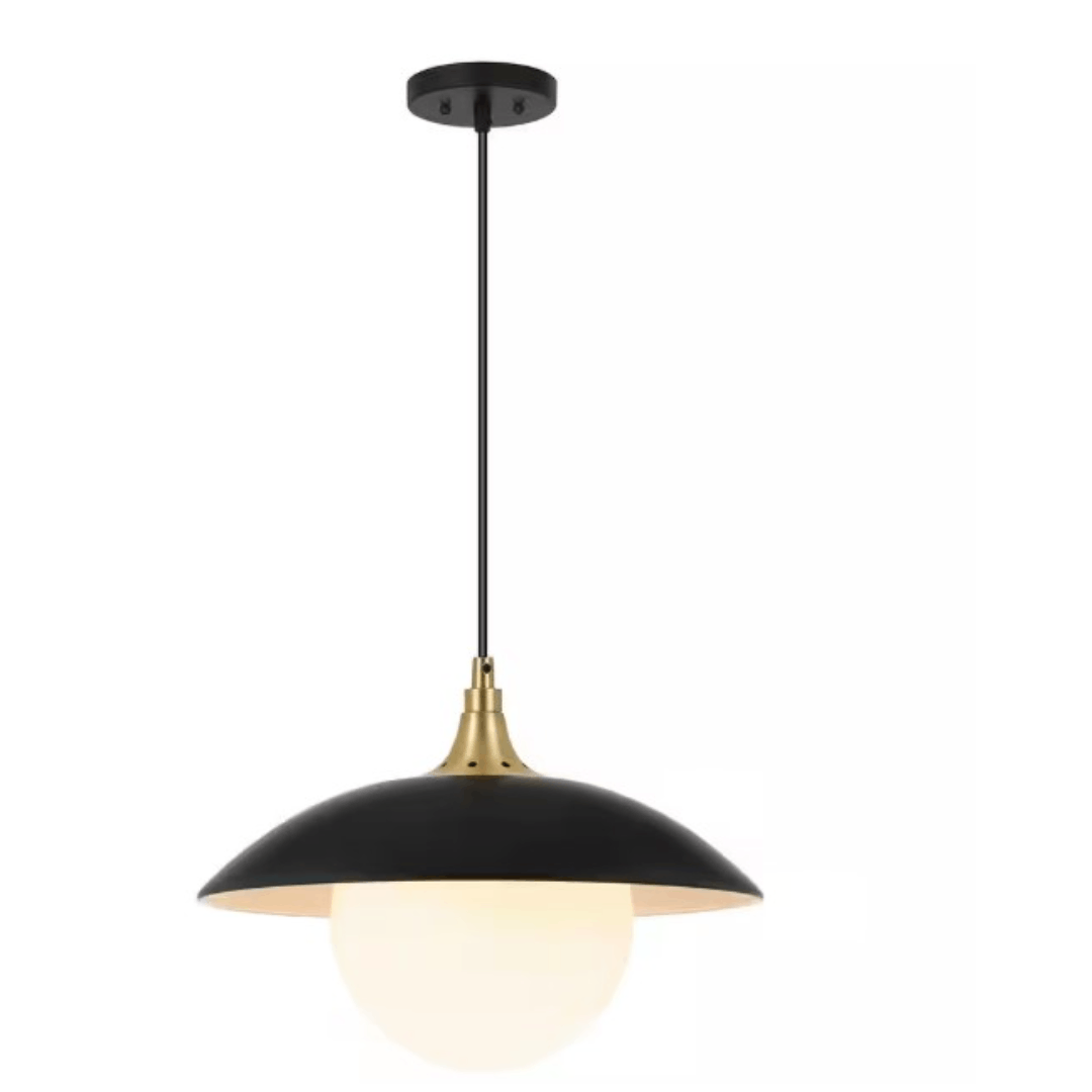 PD1779 Alvia 14.5 in. 1-Light Modern Matte Black and White Brass Pendant with Metal/Glass Shade