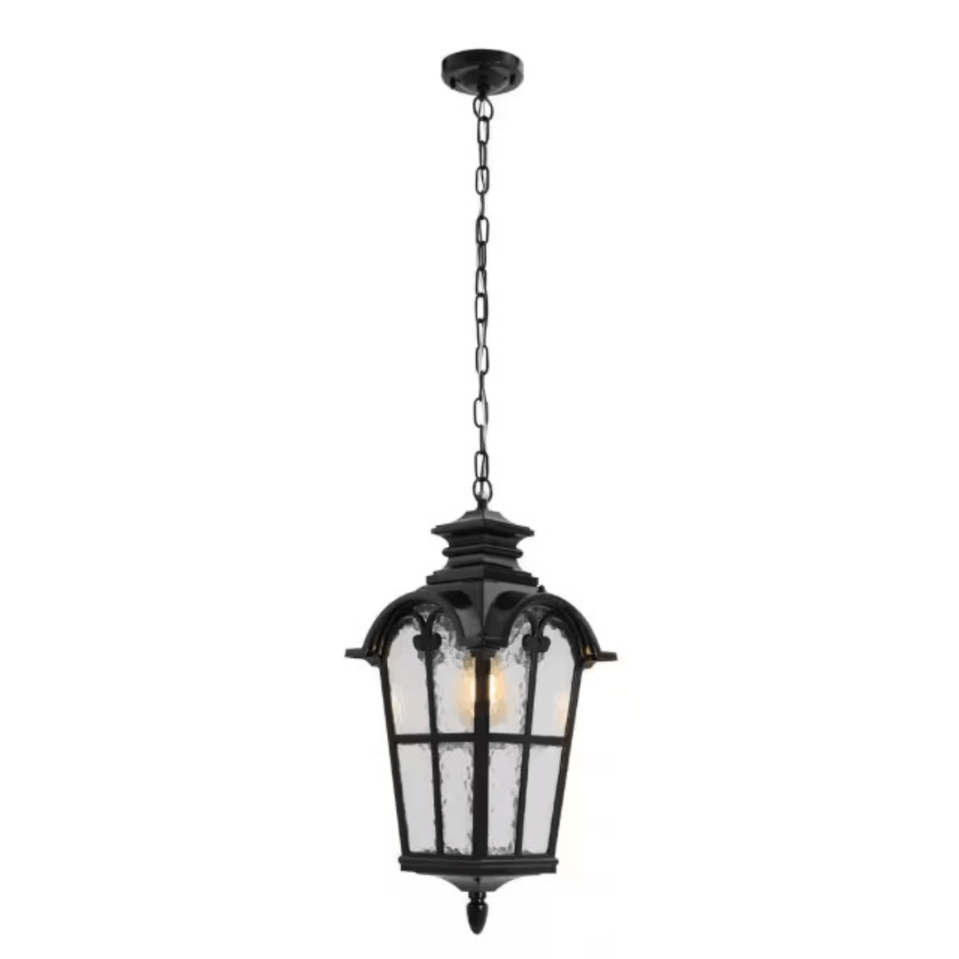 OUKANING JZUC63-017100 19.09 in. 1-Light Black Retro Outdoor Waterproof Pendant Light with Clear Seeded Glass Shade and No Bulbs Included