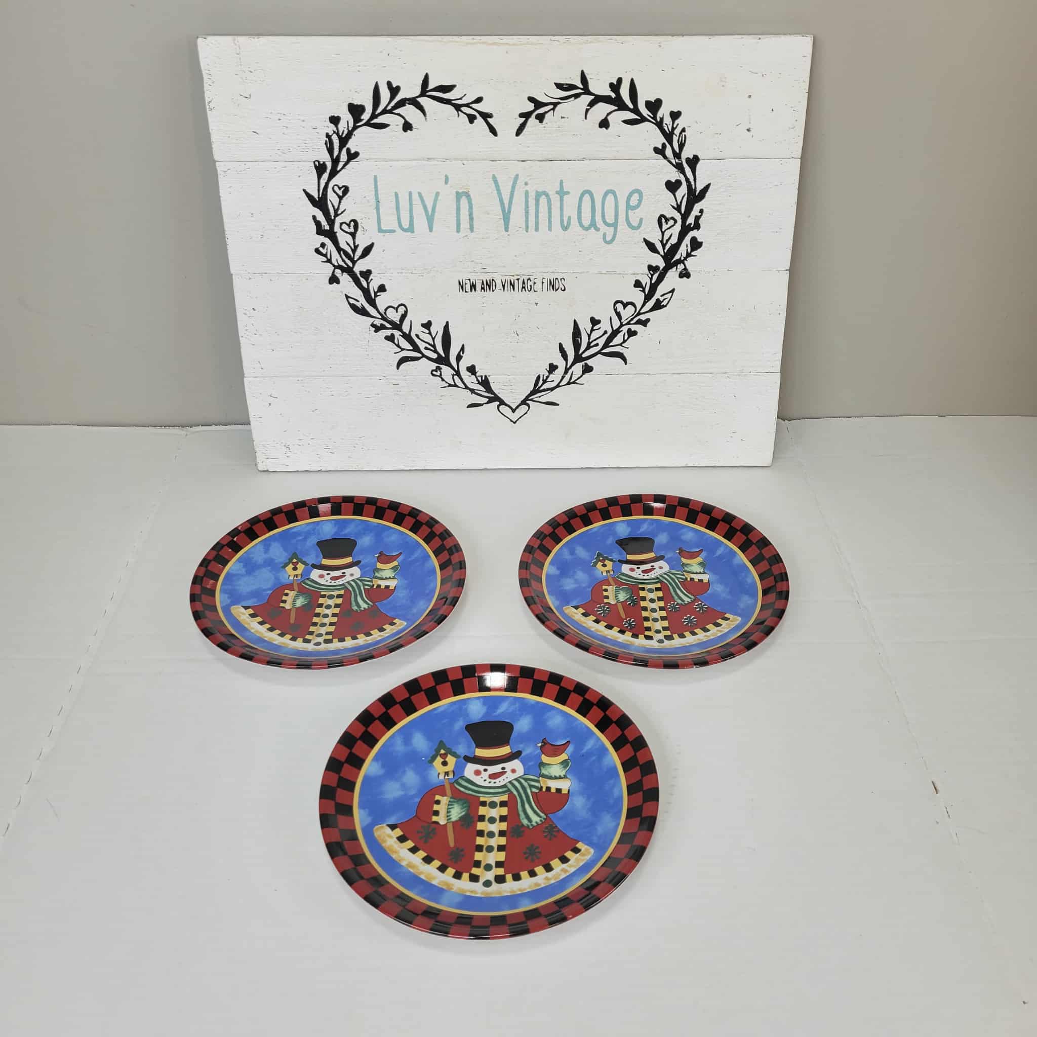 Garden Ridge Snowman Dessert Plates Holiday Appetizer Checkerboard Border