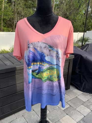 Amber Moran ART & SOL Nautical Fish Design Shirt Top XL Stretch Poly/Spandex