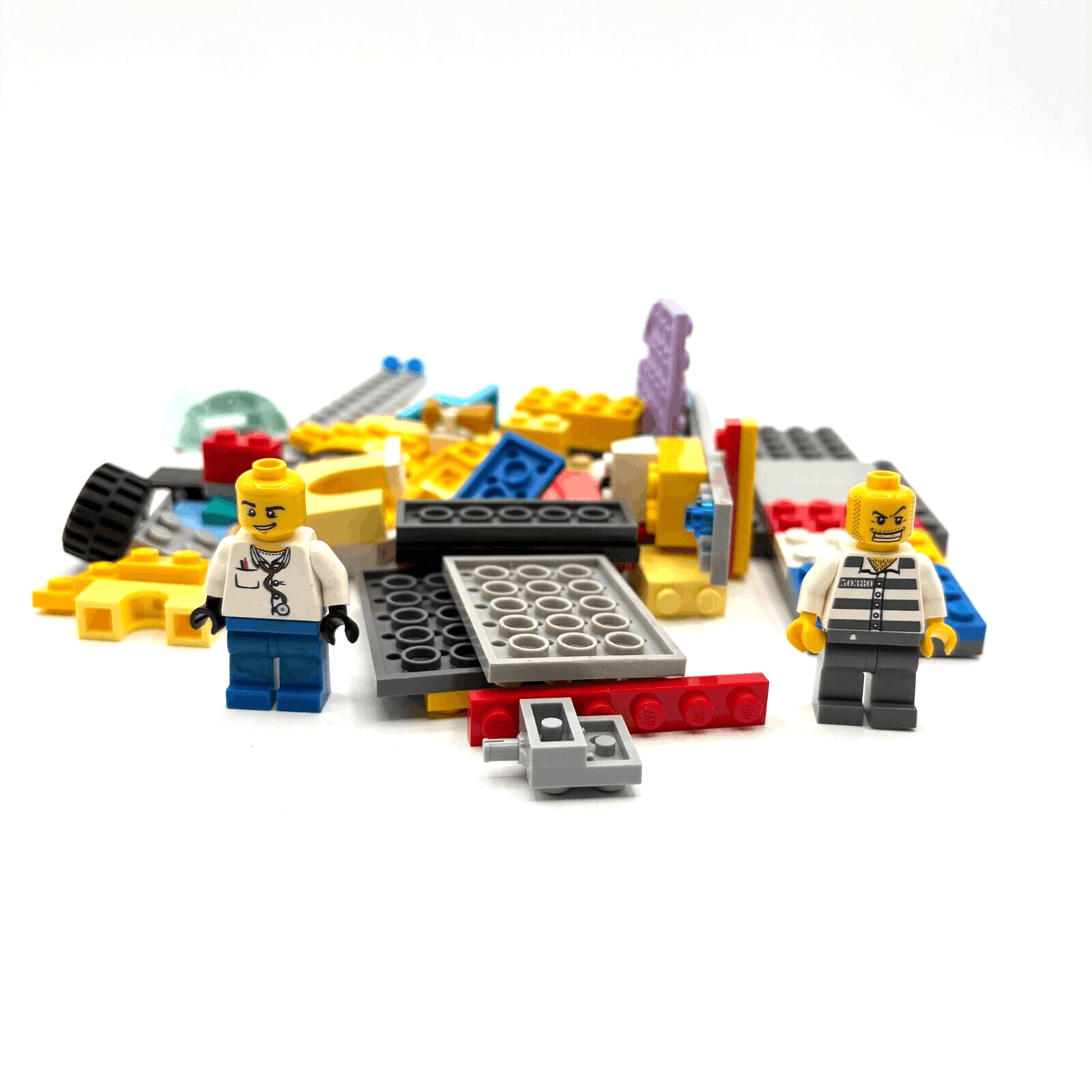 Assorted Lego Bricks and Pieces with 2 Lego Figures Doctor & Convict (4 oz)