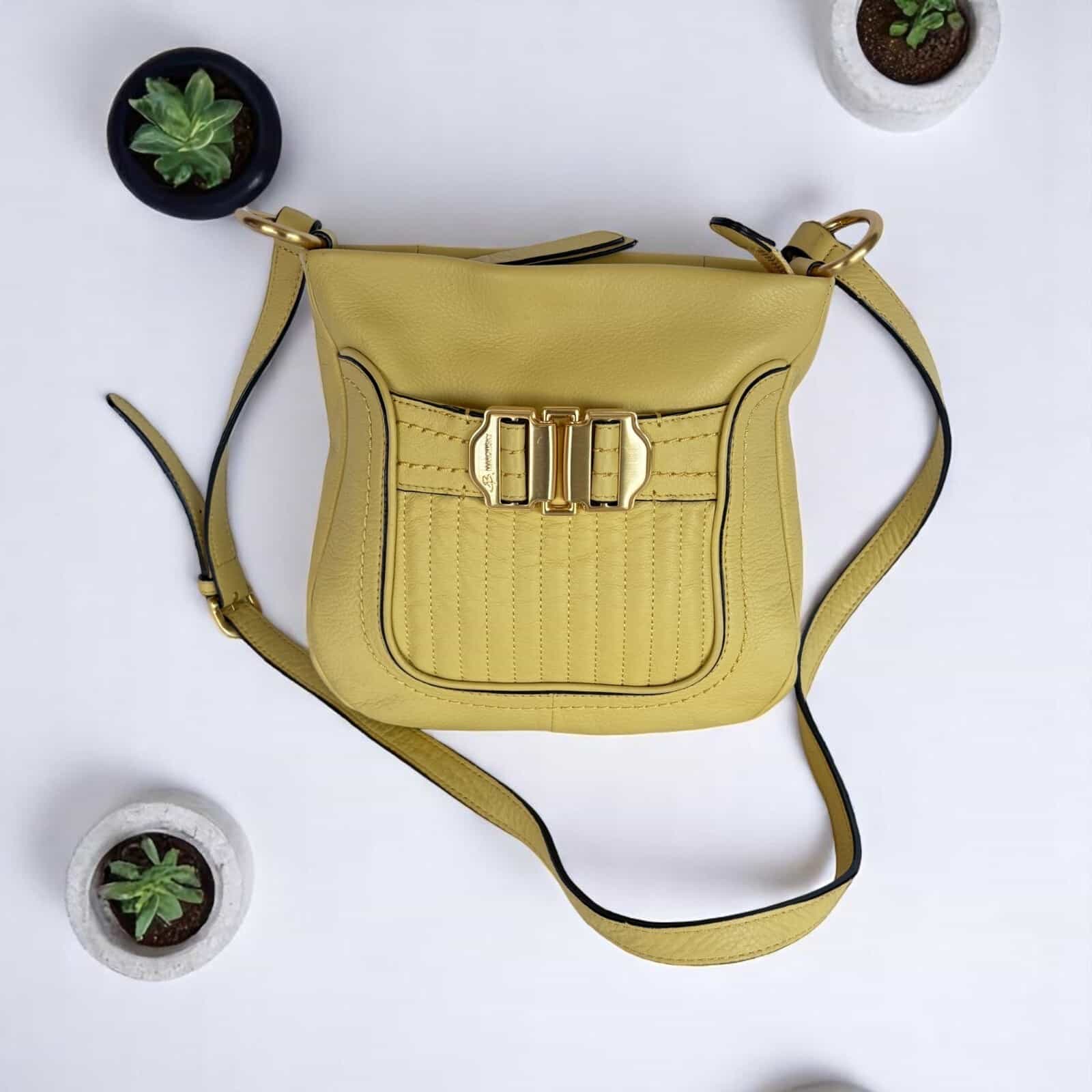 B. Makowsky Buttery Yellow Leather Leopard Satin Lined Shoulder Purse
