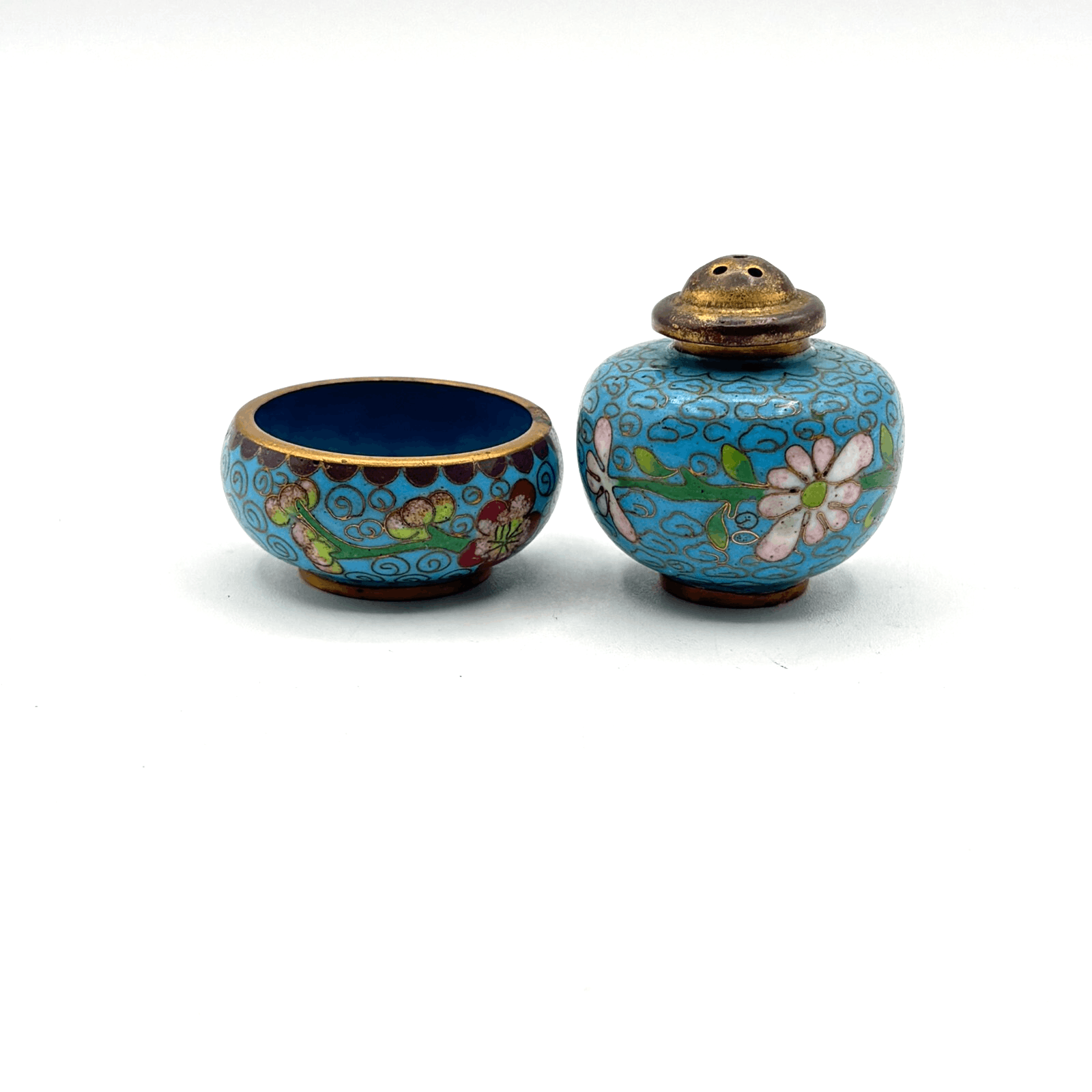 Cloisonné Open Salt Cellar Pepper Shaker Enamel Brass Blue w Pink Flower