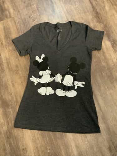 Disney Minnie Mickey Mouse V Neck Tee Size S Charcoal Gray