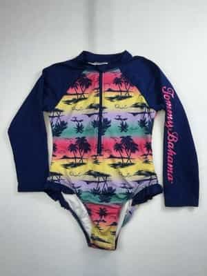 EUC 4TTOMMY BAHAMA One Pc Long Sleeve Blue Rashguard Palm Tree Swim Suit bathing