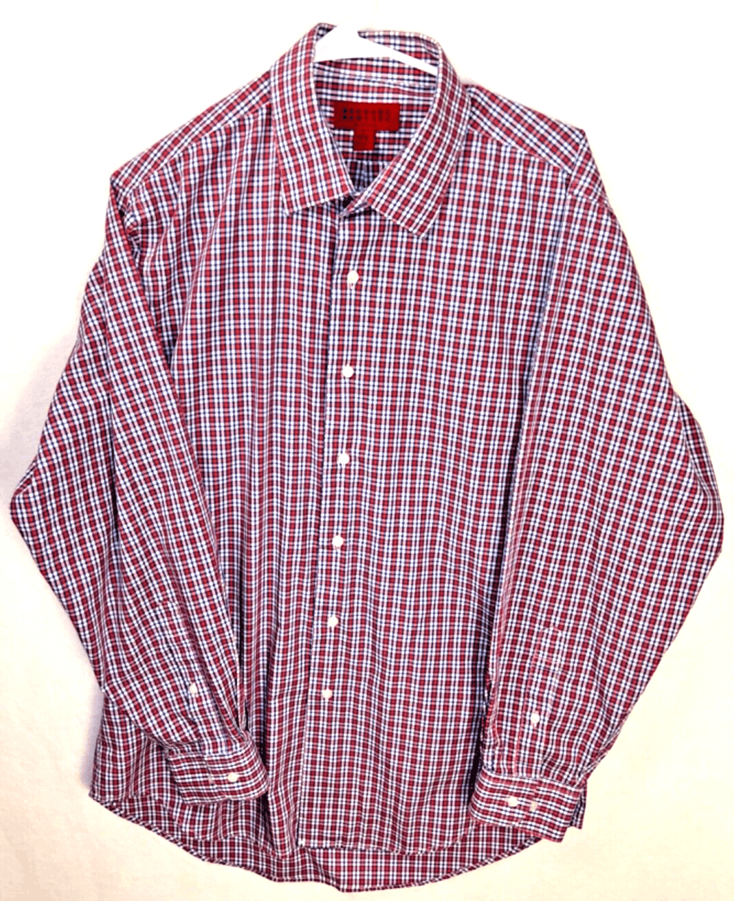 EUC Bergamo Shirt Mens Blue Red Plaid Fitted Long Sleeve L 16-16 1/2 34/35