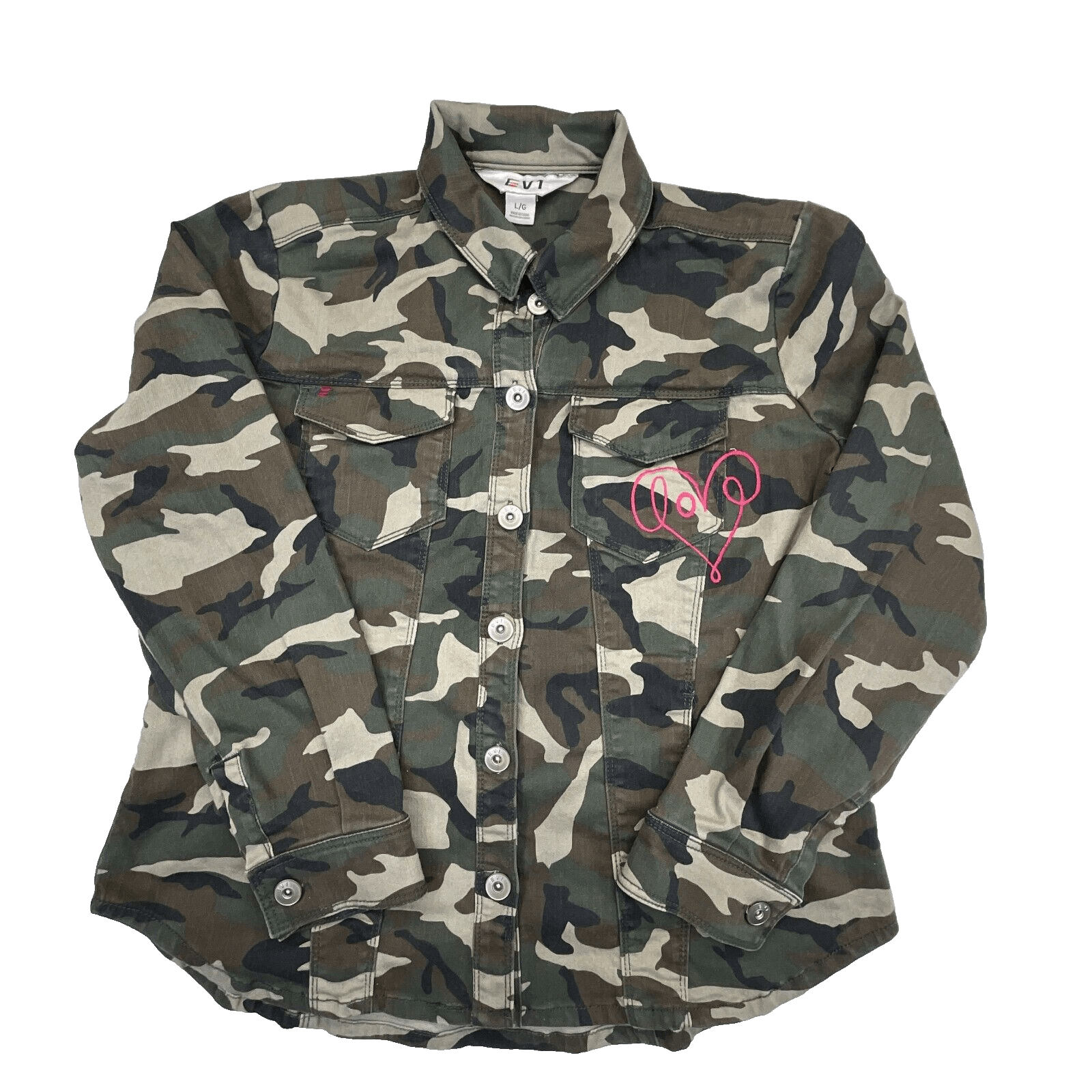 EUC EV1 Camouflage Denim Jacket  with Love Flag & Pockets Size Large