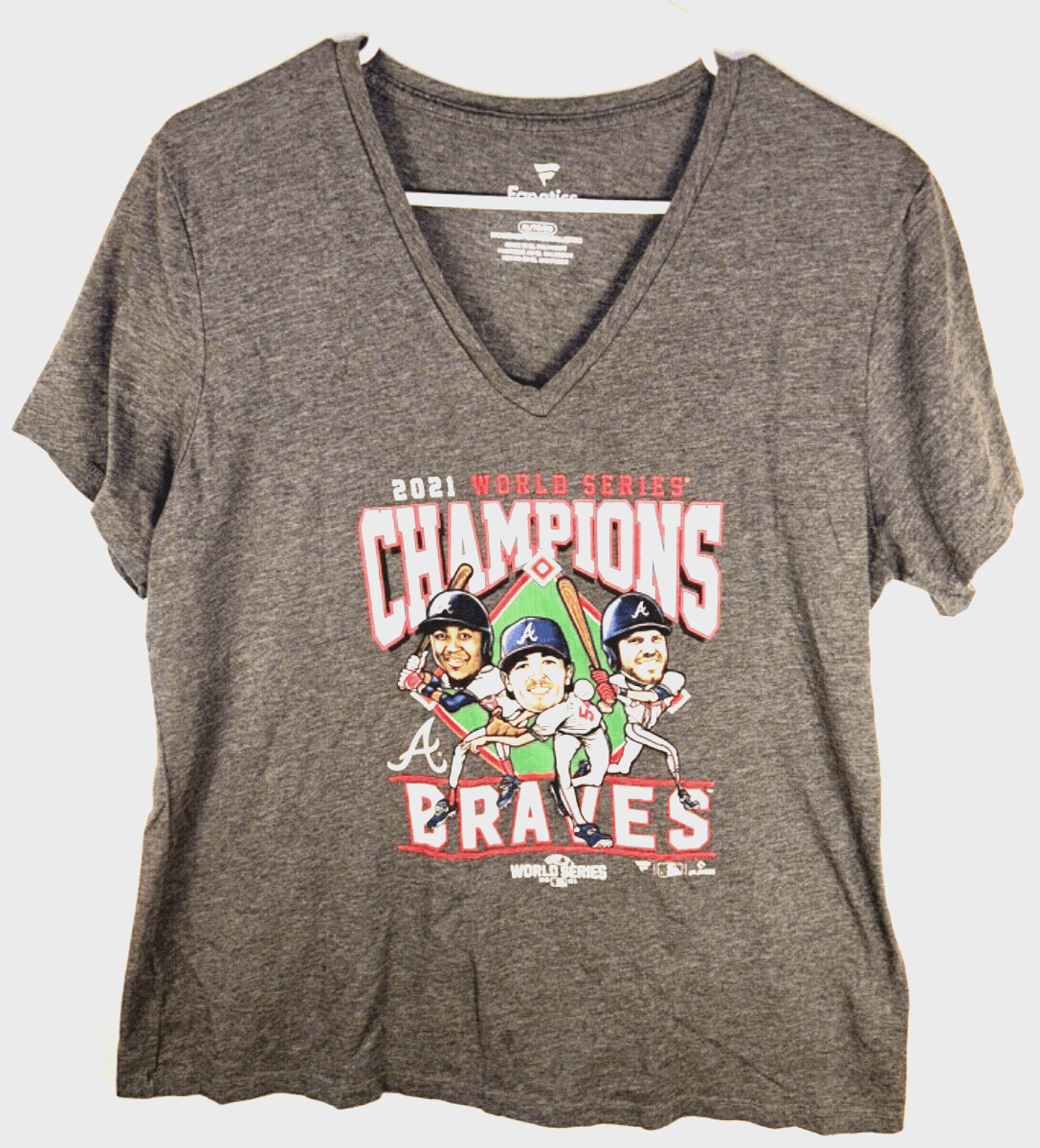 EUC Fanatics Atlanta Braves 2021 World Series Women's Gray V-neck T-Shirt, XL