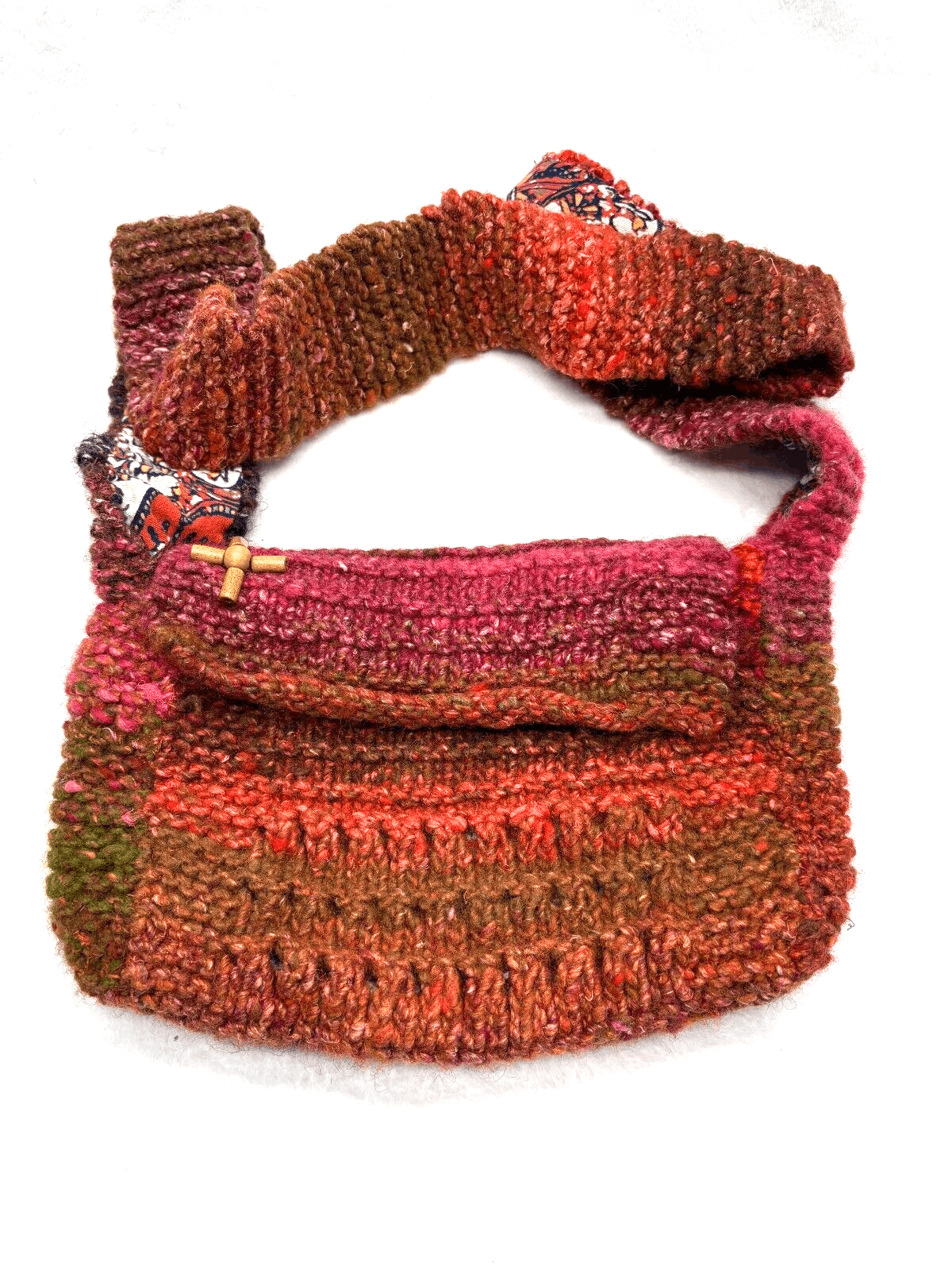 EUC Hand Knit Crossbody Womens Purse with Beads Lined Red Wide Strap