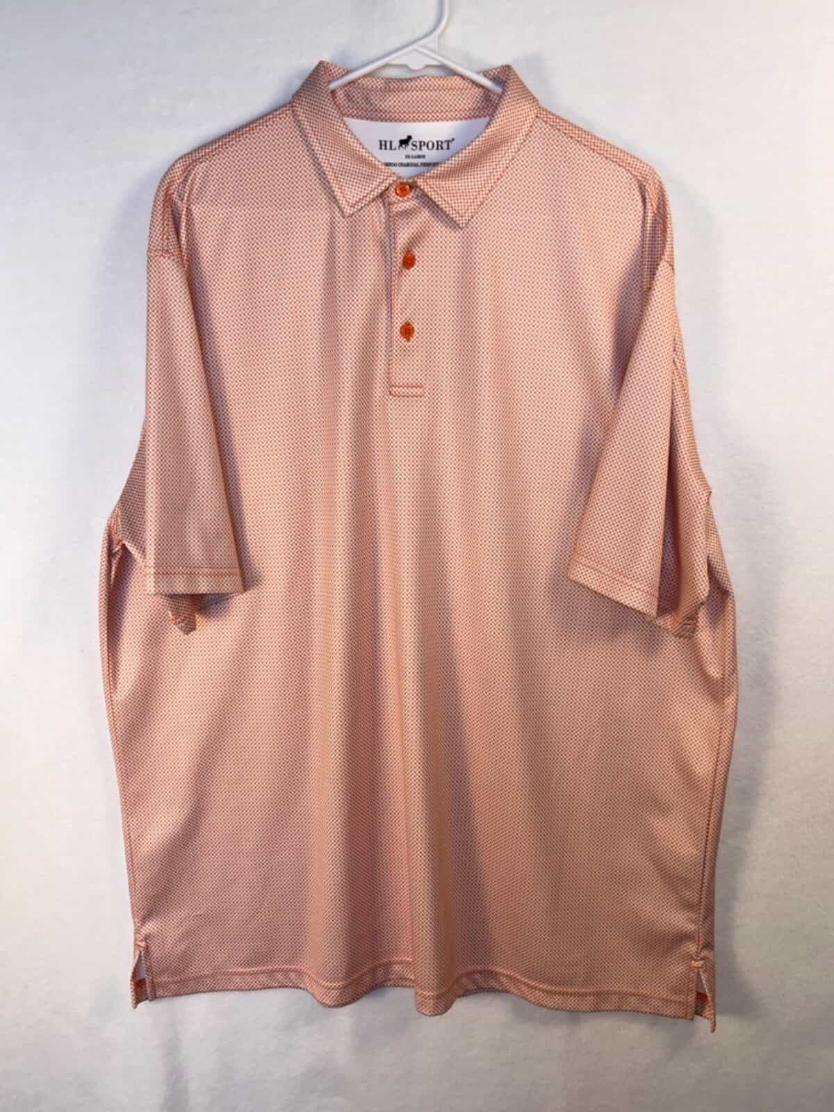 EUC HL Sport Polo Shirt Bamboo Charcoal Perf Mens 2XL Tiny Orange/Gray Squares