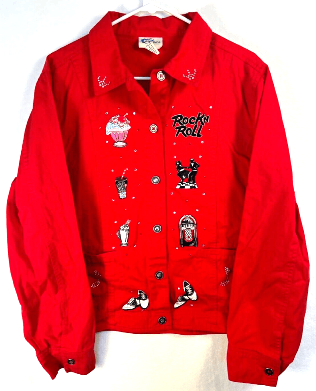 EUC Las Olas Red Denim Jacket Rhinestone Rock n Roll, XL