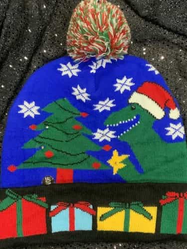 EUC LED Christmas Hat Light Up Dino Knitted Beanie Holiday Hat