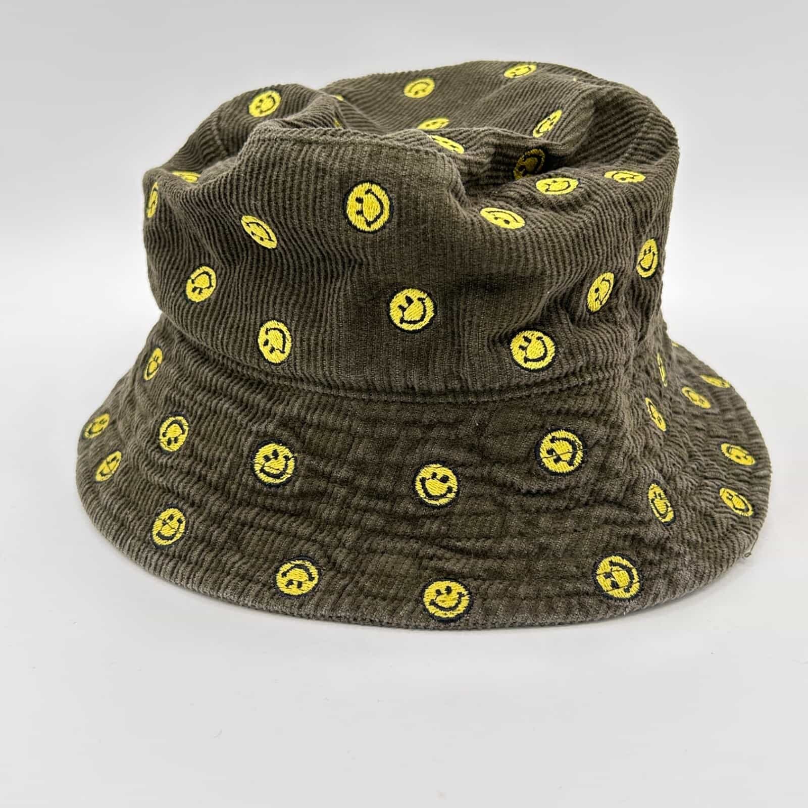 EUC Olive Green Corduroy Bucket Hat Children/Teens Yellow Happy Faces