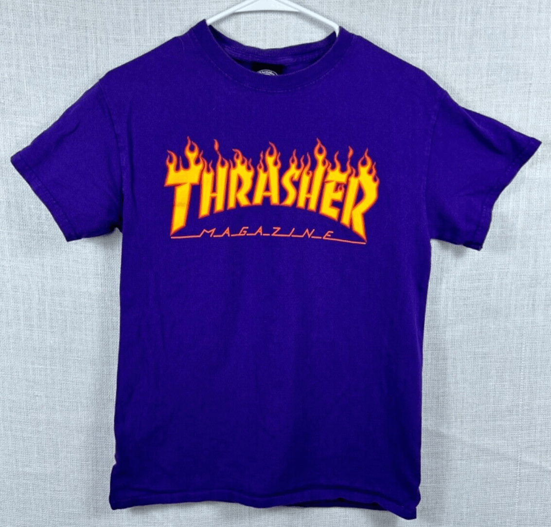 EUC Purple Thrasher Magazine “Flaming Logo” Skateboarding T-Shirt, Small