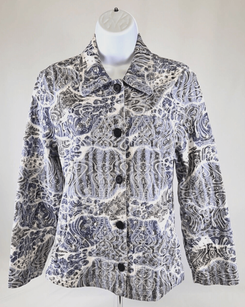 EUC Rebecca Malone Women's Blue Embroidered Paisley Short Blazer, Medium