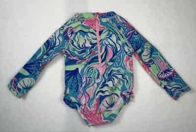 EUC Tommy Bahama Girls Baby Swimsuit One Piece Zip Ruffles Size 12 Months Tropic