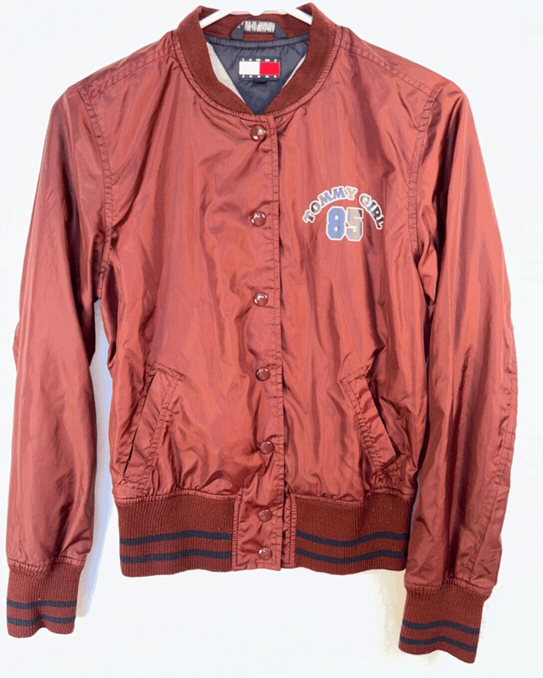 EUC Tommy Jeans Tommy Hilfiger Girls Youth Maroon Bomber Jacket Snaps Size M