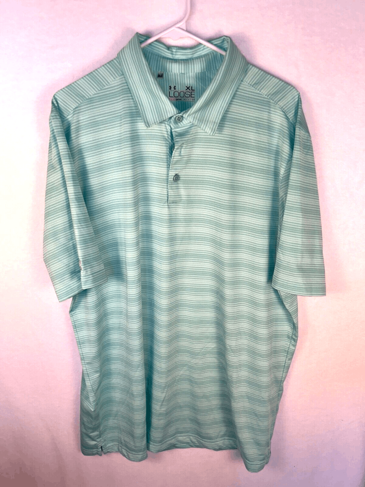 EUC Under Armour Polo Shirt Mens XL Green Stripe Loose HeatGear