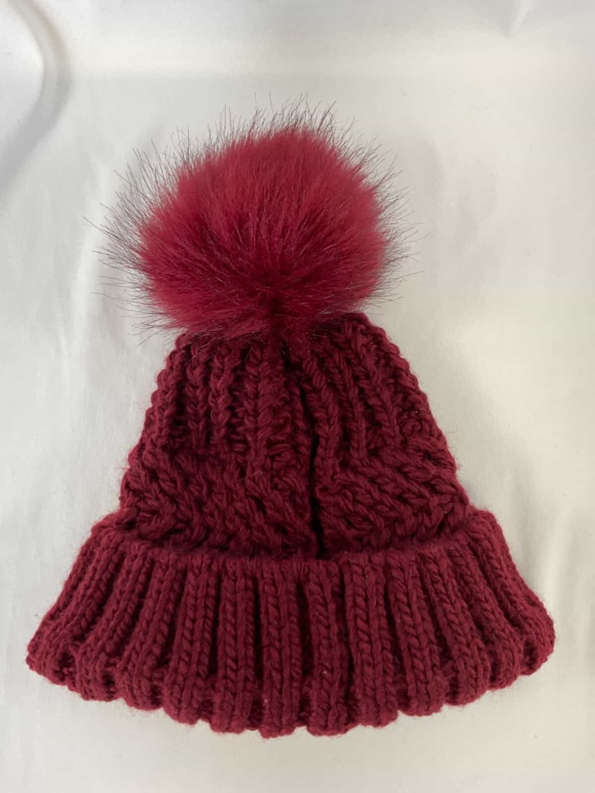 EUC West Loop Burgundy  Cable Knit Pom Pom Beanie Hat