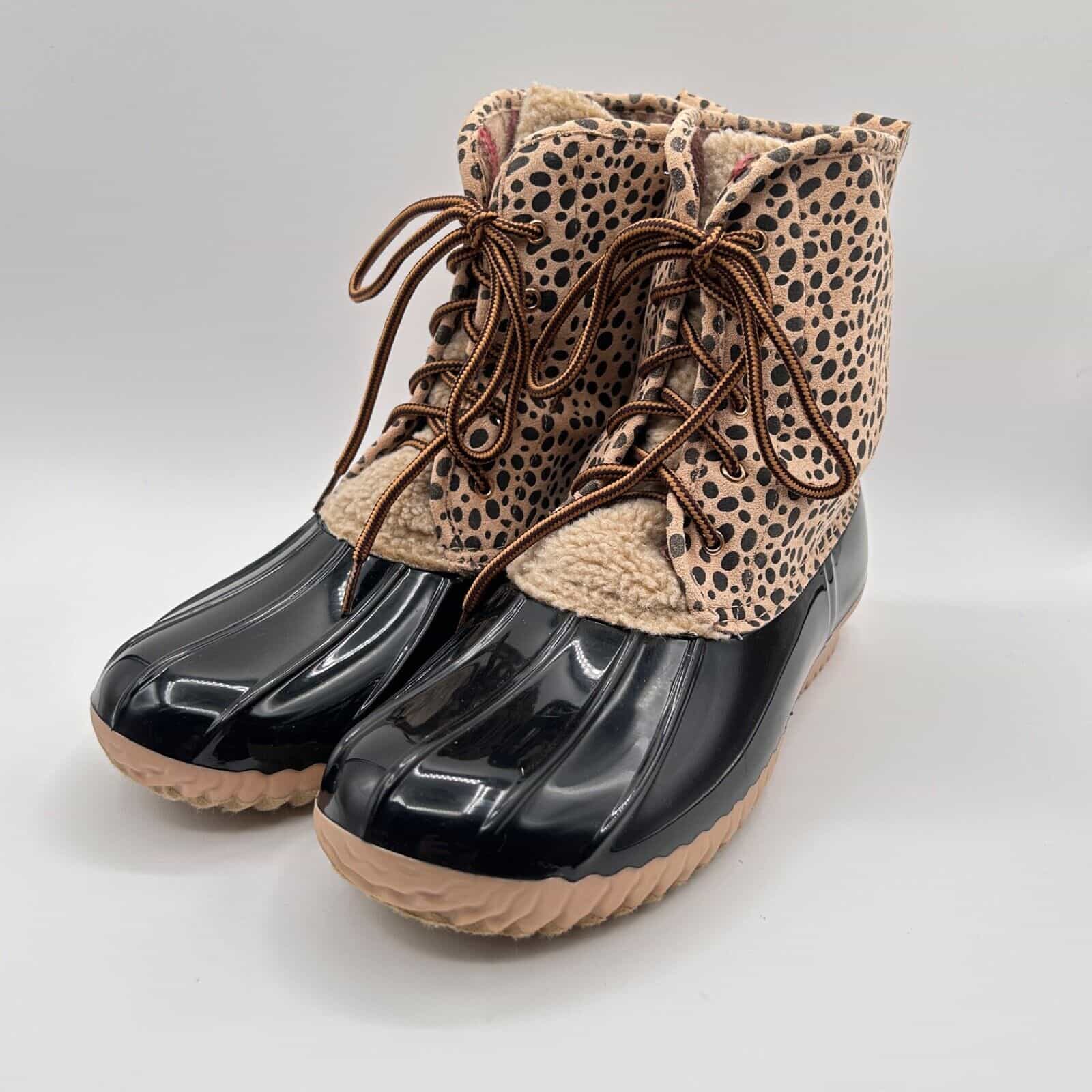 EUC Women's Nature Breeze Black Animal Print Rain Boots Flannel Lining, Size 10