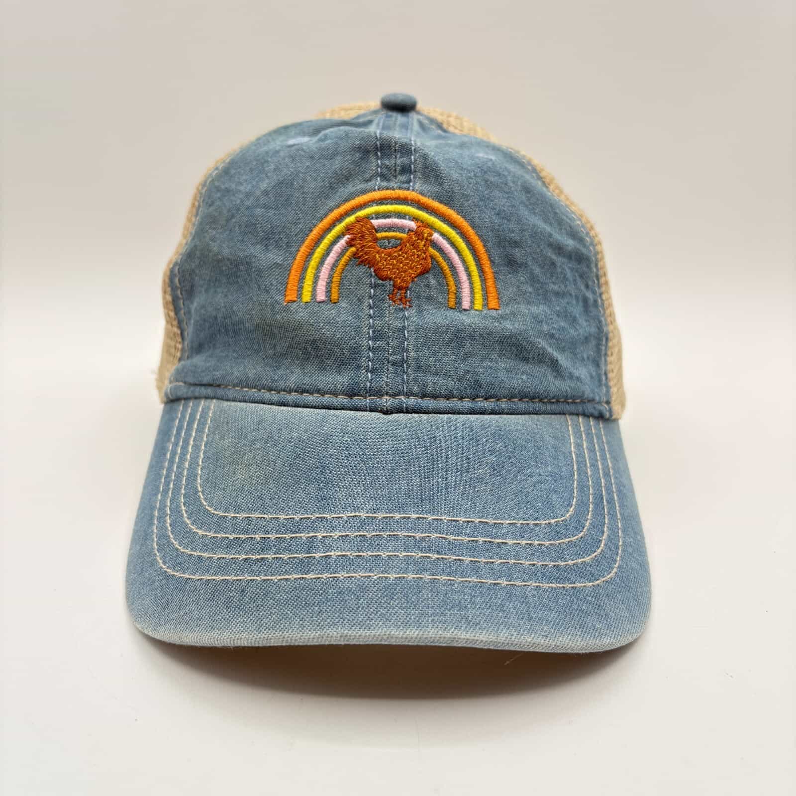 Farm Life Distressed Embroidered Logo Mesh Trucker Rooster Rainbow Denim Cap