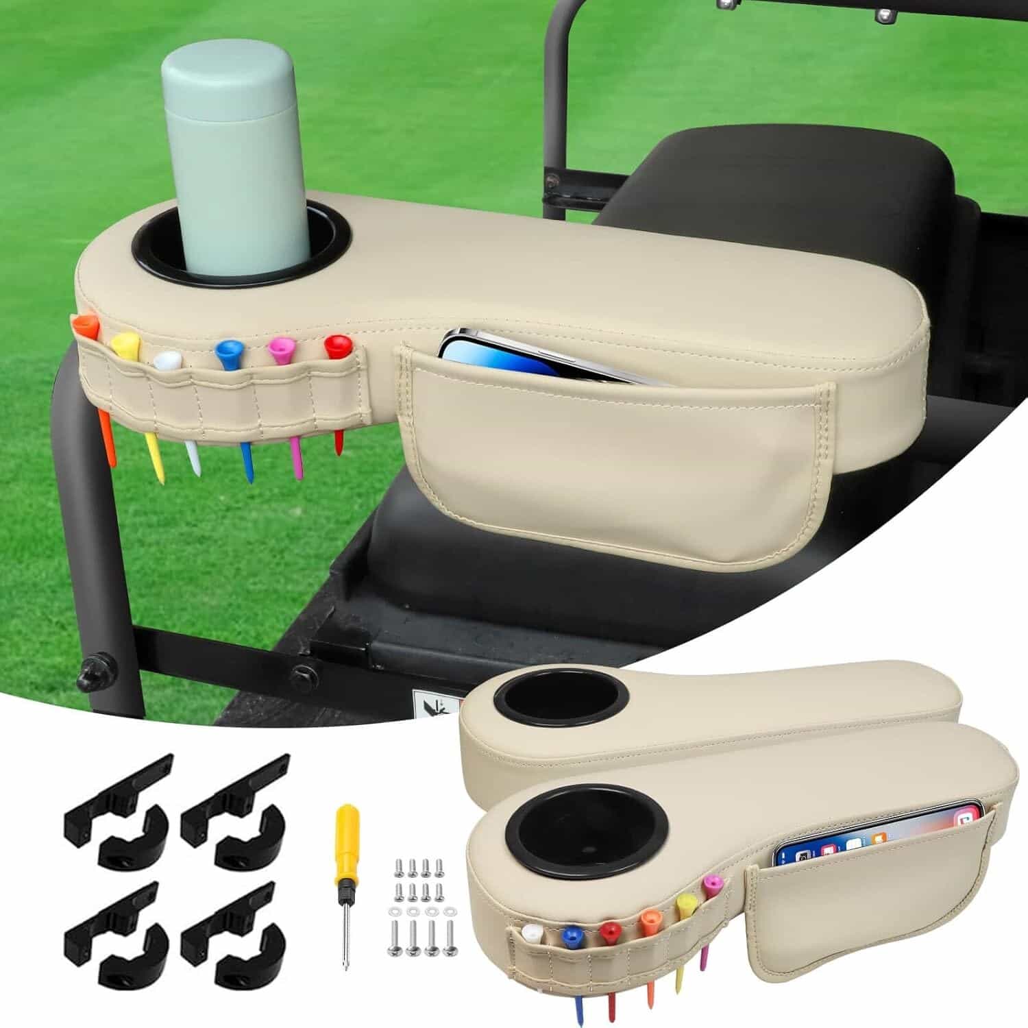 Golf Cart Rear Seat Armrest with CupHolders Flip Round Pipe Beige