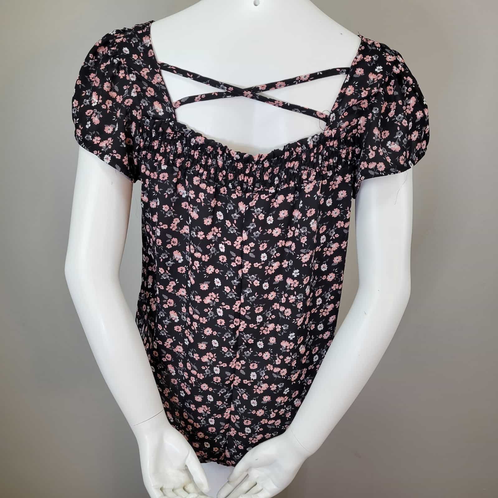 no-boundaries-floral-print-faux-button-up-top-short-sleeve-casual-juniors-size-l