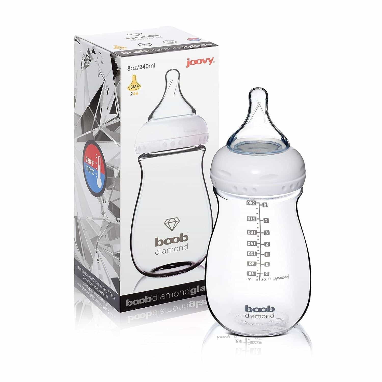 Lot of 2 Joovy Boob Diamond Glass Baby Bottle 5oz/150ml 0M+ Single Hole Nipple